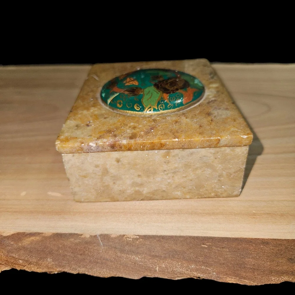 Vintage Marble Trinket Box Enamel Floral Butterfly Lid India